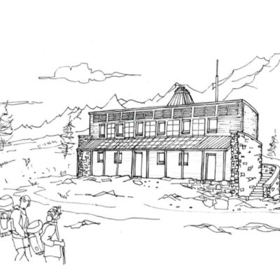 Dessin du réfuge d'Aygues-Cluses avant sa construction - réalisé par l'Atelier Ott